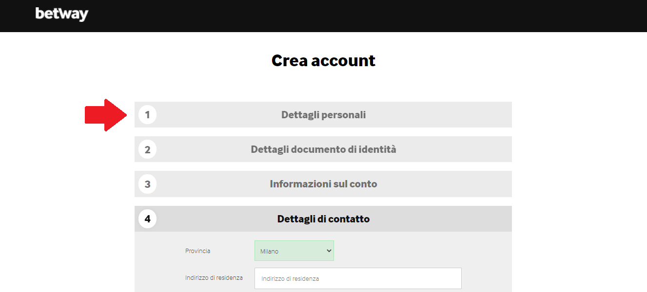 Creazione account betway per aprire un conto gioco Betway Crea Account
