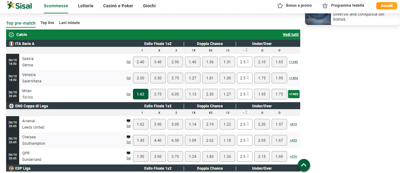 sisal quote e payout